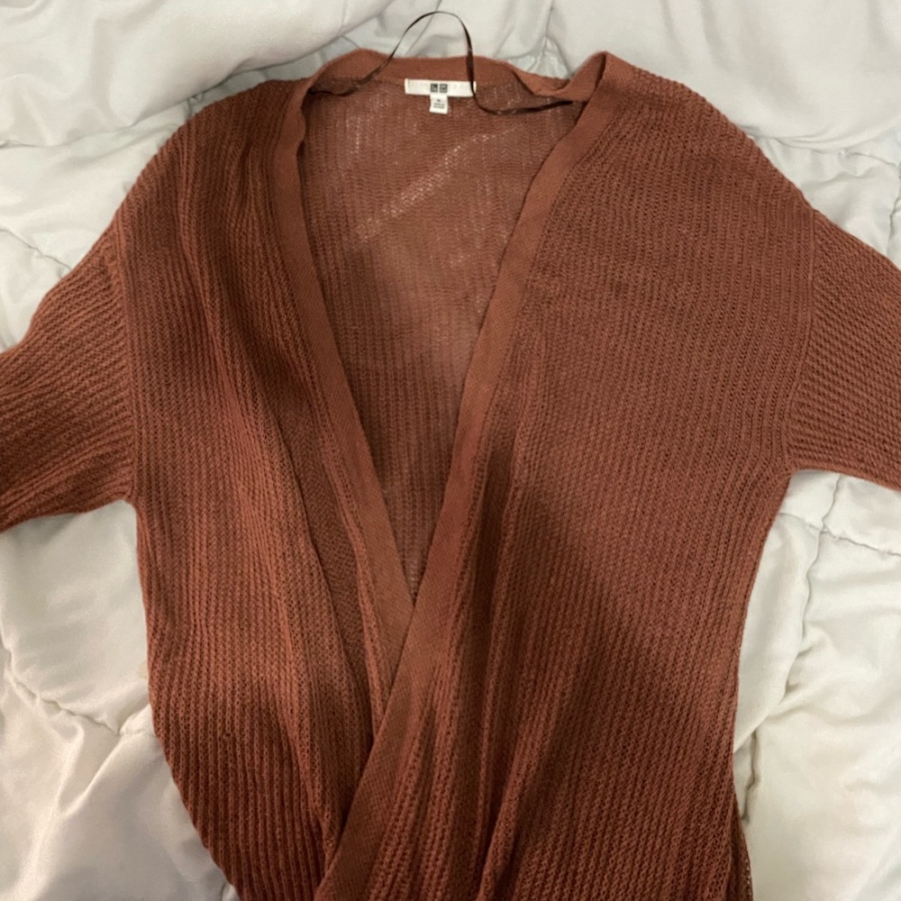 Brown fall knee length cardigan with pocket